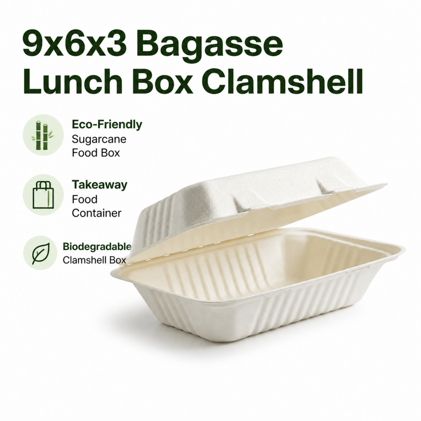 9x6x3 Bagasse Lunch Box Clamshell, Box of 250.