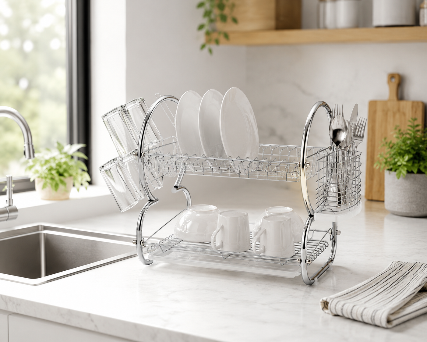 2 tier dish drainer rack silver