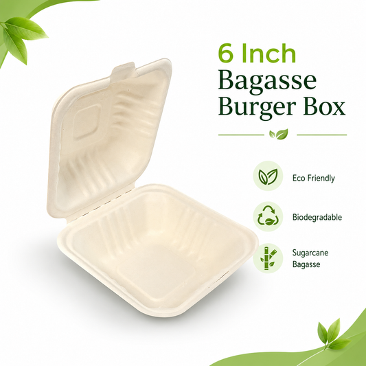 6 Inch Bagasse Burger Box pack of 500