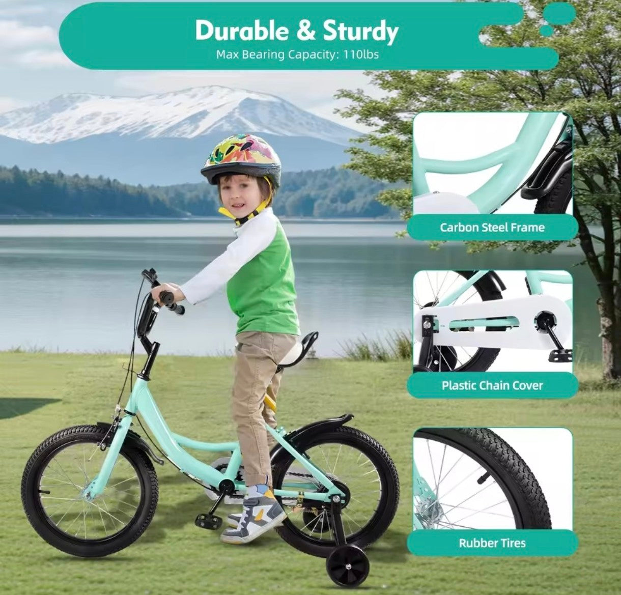 16 Inch Kids Bike with Training Wheels, Green Children Bicycle Dual Brake for 5-8 Years, Boys Girls Outdoor Cycling Gift