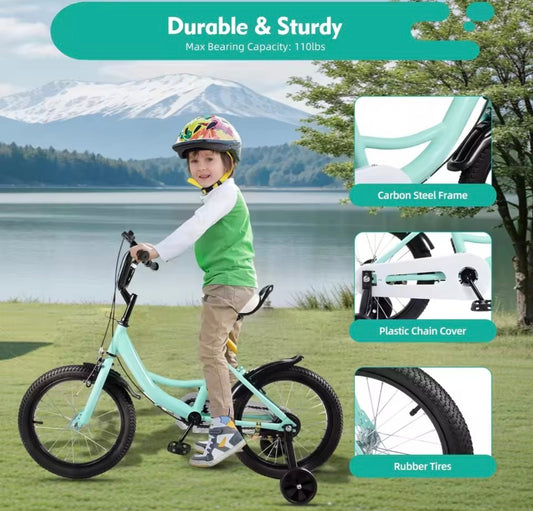 16 Inch Kids Bike with Training Wheels, Green Children Bicycle Dual Brake for 5-8 Years, Boys Girls Outdoor Cycling Gift