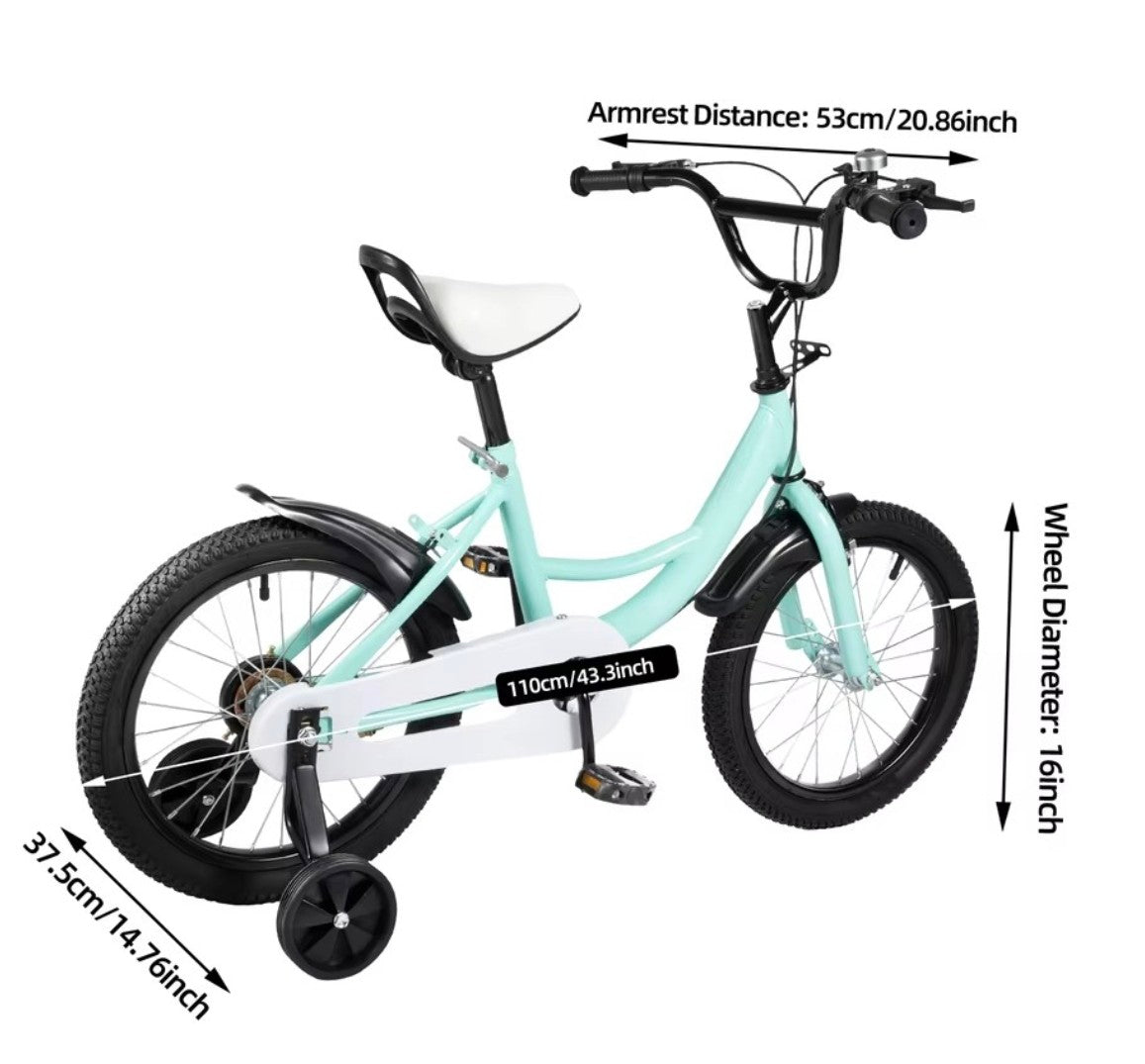 16 Inch Kids Bike with Training Wheels, Green Children Bicycle Dual Brake for 5-8 Years, Boys Girls Outdoor Cycling Gift
