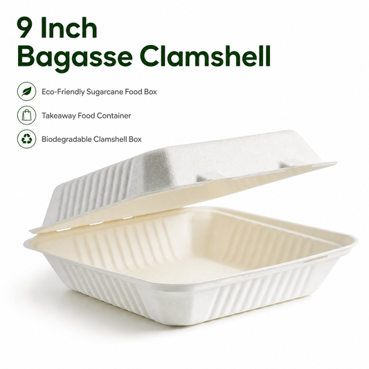 9 Inch Bagasse Clamshell Food Box, 9 x 9 x 3 Inch, Box of 200